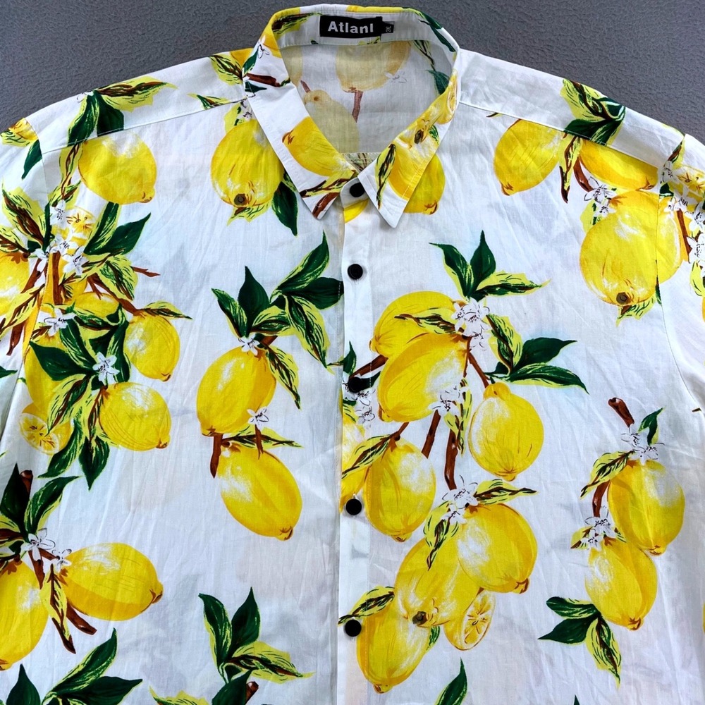 Atlani Men Shirt 100% Cotton Lemon Fruit Print 2XL Tropical Summer Button Down‎